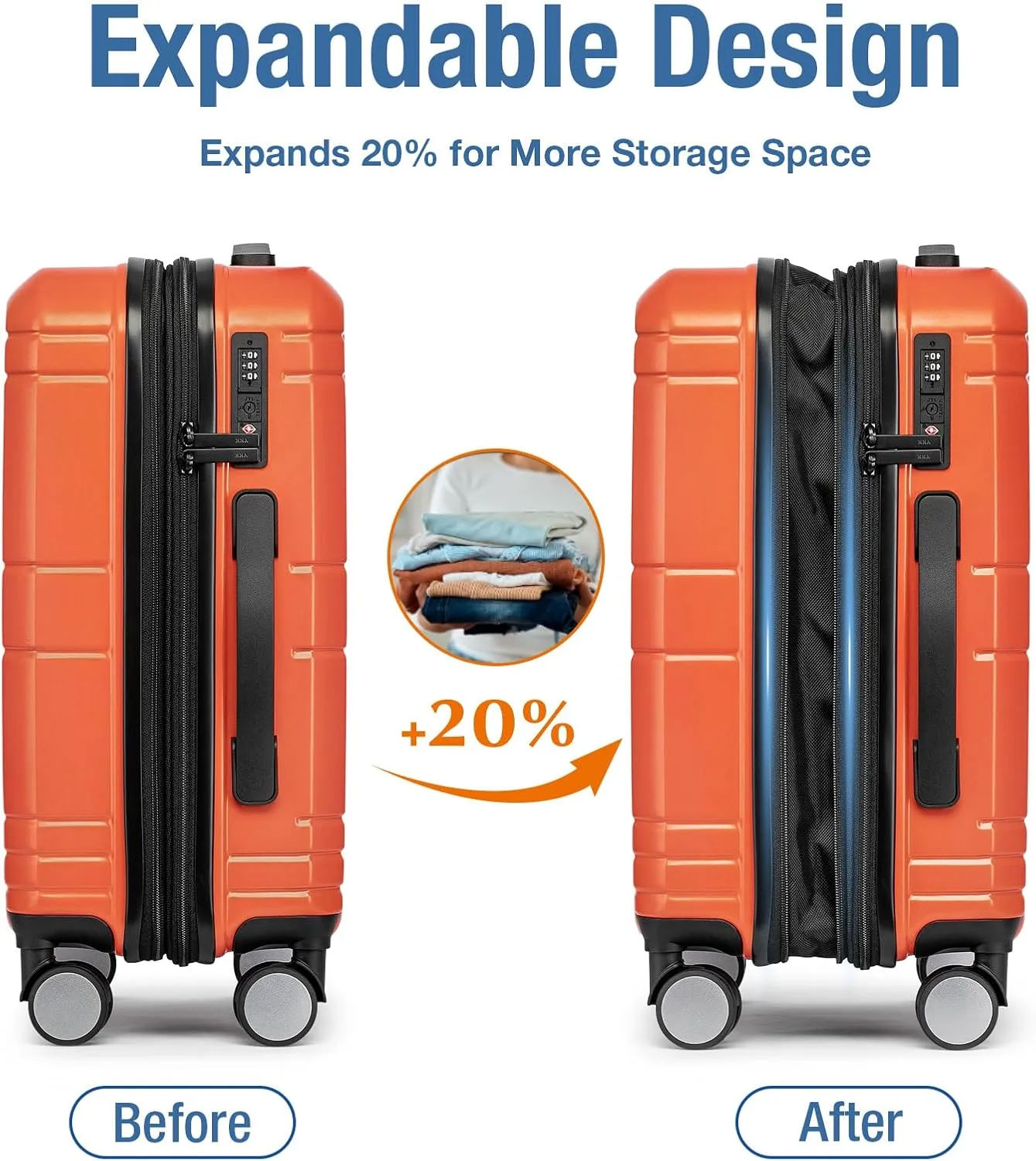 KYME Expandable Carry on Luggage with Spinner Wheels Lightweight Hardshell 22x14x9 Airline Approved Luggage PC ABS Small Carry On Suitcase with TSA Lock Travel Rolling Suitcase Orange