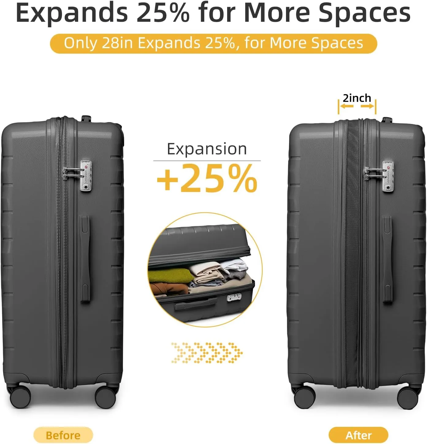 LARVENDER Luggage Sets 5 Piece with Duffel Bag Expandable(Only 28 inch) Hardside PP Carry On Luggage with 360 Spinner Wheels TSA Lock Luggage Sets for Men, Grey