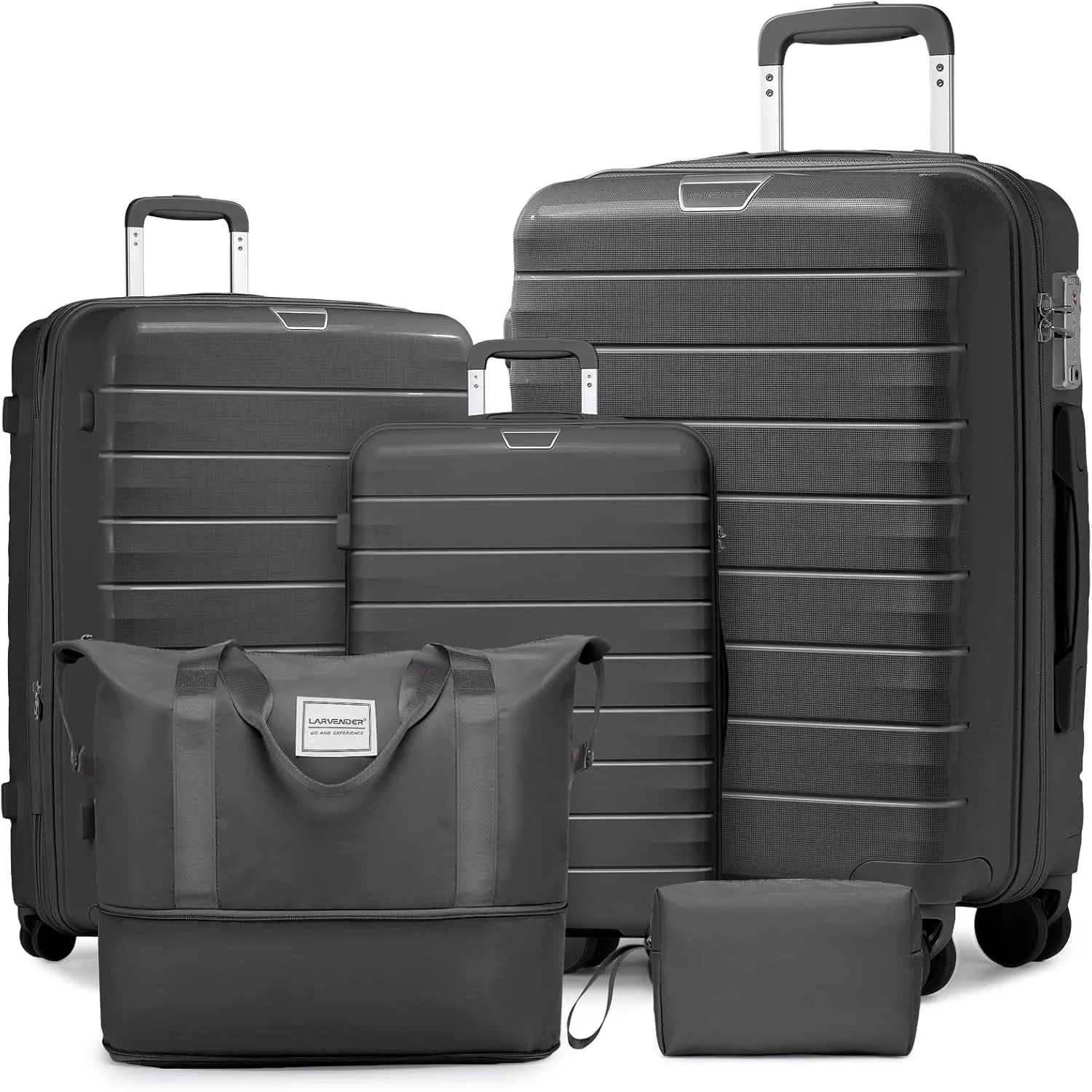 LARVENDER Luggage Sets 5 Piece with Duffel Bag Expandable(Only 28 inch) Hardside PP Carry On Luggage with 360 Spinner Wheels TSA Lock Luggage Sets for Men, Grey