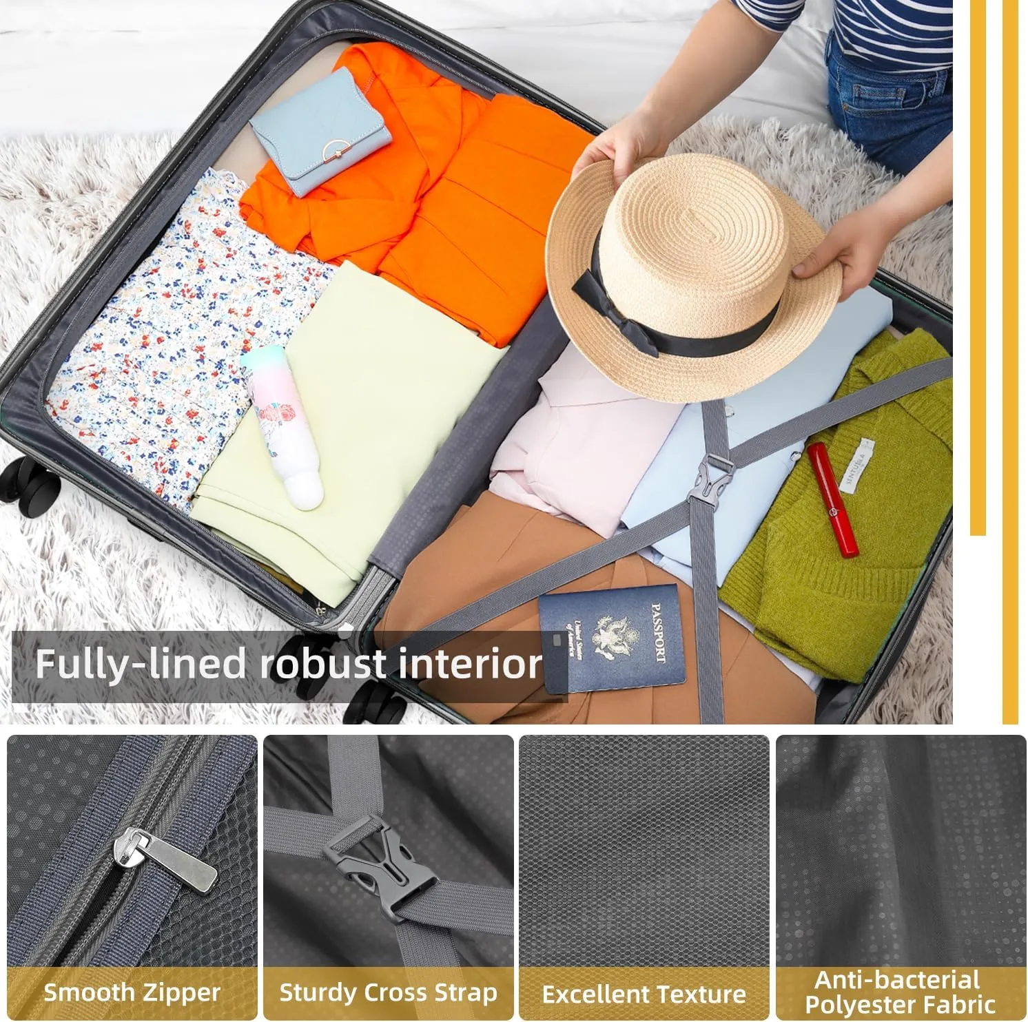 LARVENDER Luggage Sets 5 Piece with Duffel Bag Expandable(Only 28 inch) Hardside PP Carry On Luggage with 360 Spinner Wheels TSA Lock Luggage Sets for Men, Grey