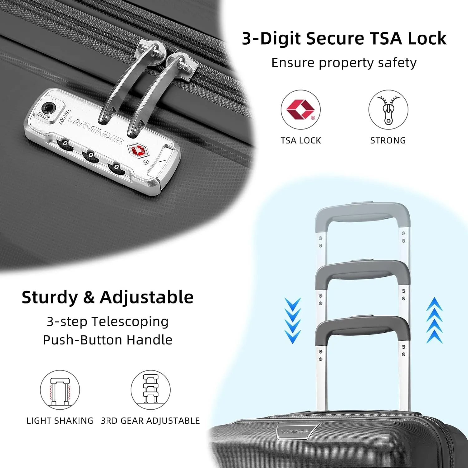 LARVENDER Luggage Sets 5 Piece with Duffel Bag Expandable(Only 28 inch) Hardside PP Carry On Luggage with 360 Spinner Wheels TSA Lock Luggage Sets for Men, Grey
