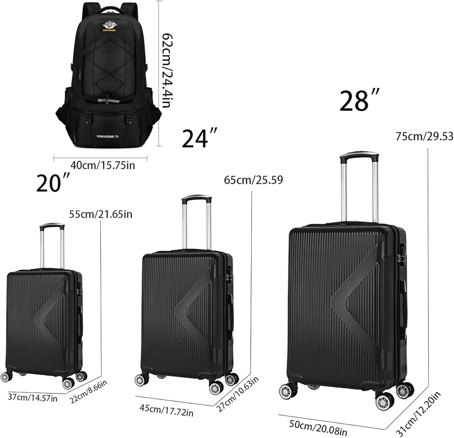 Luggage Sets 3 Piece, Hardshell Luggage, Carry On Luggage Set with TSA Lock, Luggage Sets with Spinner Wheels, Suitcases with Wheels, Luggage Set for Women, (20" 24" 28"), (Black-1)