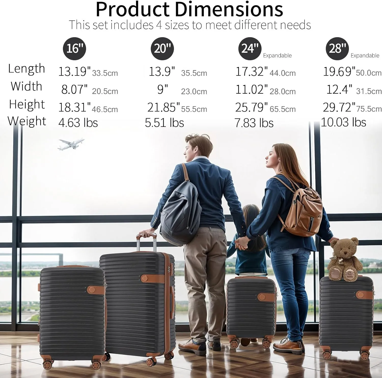 Luggage Sets 4 Piece, Expandable Hardside Carry on Suitcase Set with Spinner Wheels and TSA Lock, Lightweight ABS Rolling Luggage with Packing Cubes for Travel (Black, 4-Piece Set (16/20/24/28))