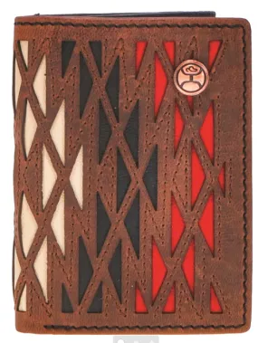 "Chapawee" Laser Cut Aztec Print Leather Tri-Fold Wallet with Black / Red / Ivory Inlay and Hooey Logo Rivet