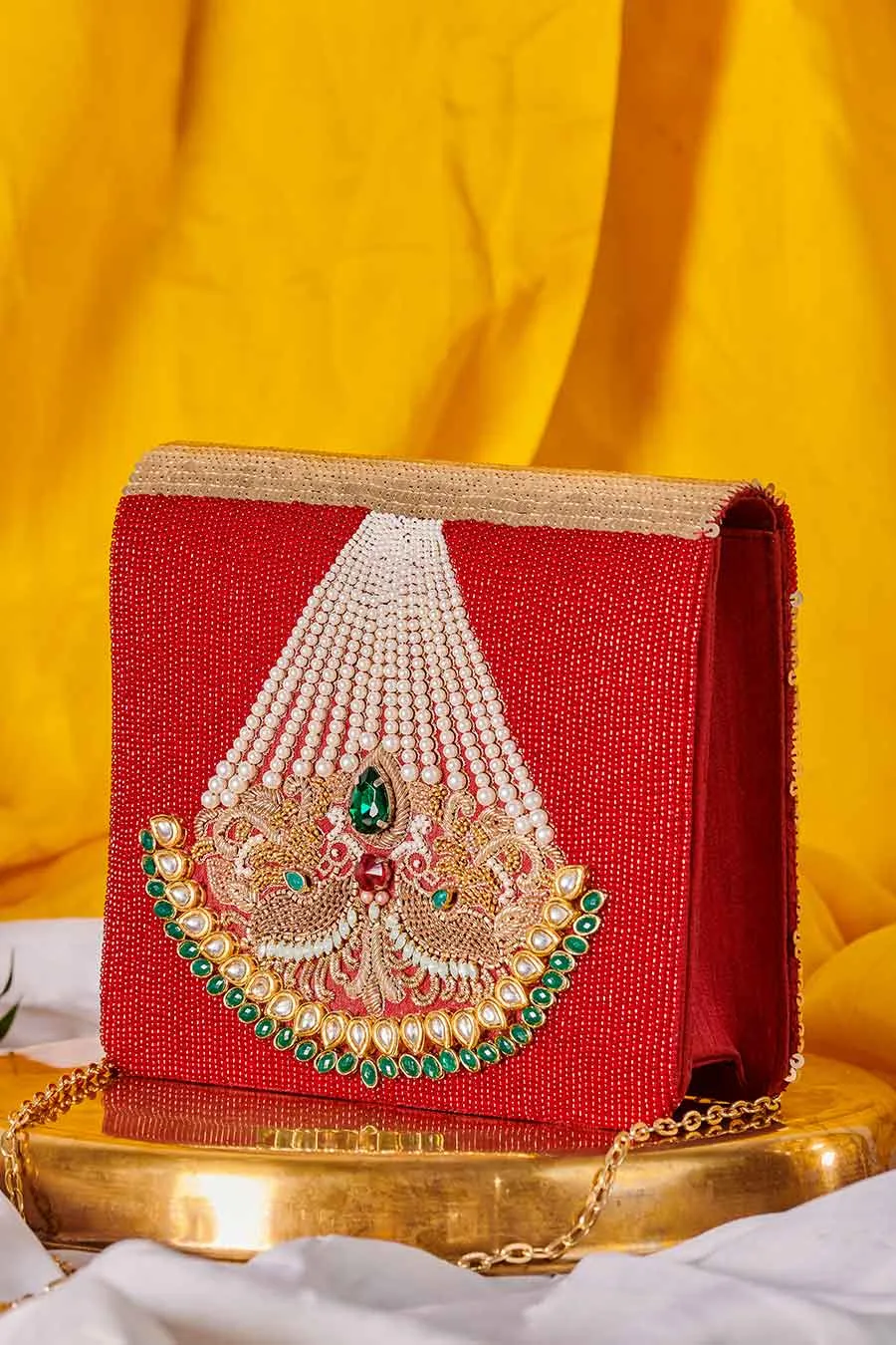 Red Aveera Hand-Embroidered Clutch