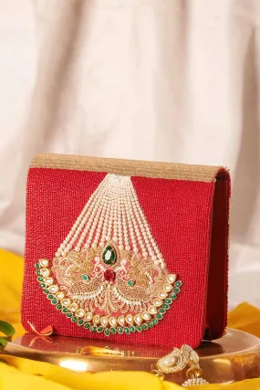 Red Aveera Hand-Embroidered Clutch