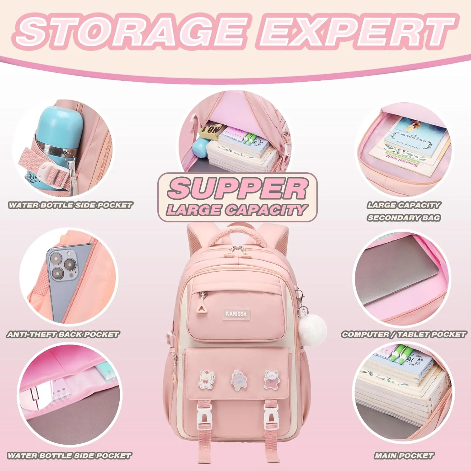 School Backpacks for Girls, Middle Schoolbag Elementary Student Bookbag, Large Casual School Daypacks for Teens Girls (Pink)
