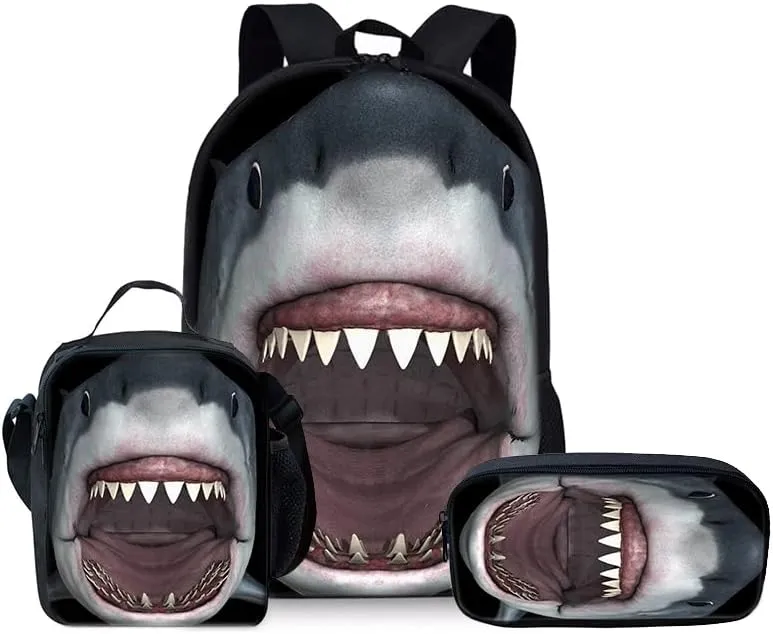 Shark Backpack Youth Leisure School Bag Lunch Box Pencil and pencil Case 3-in-1 Set (Color 1)