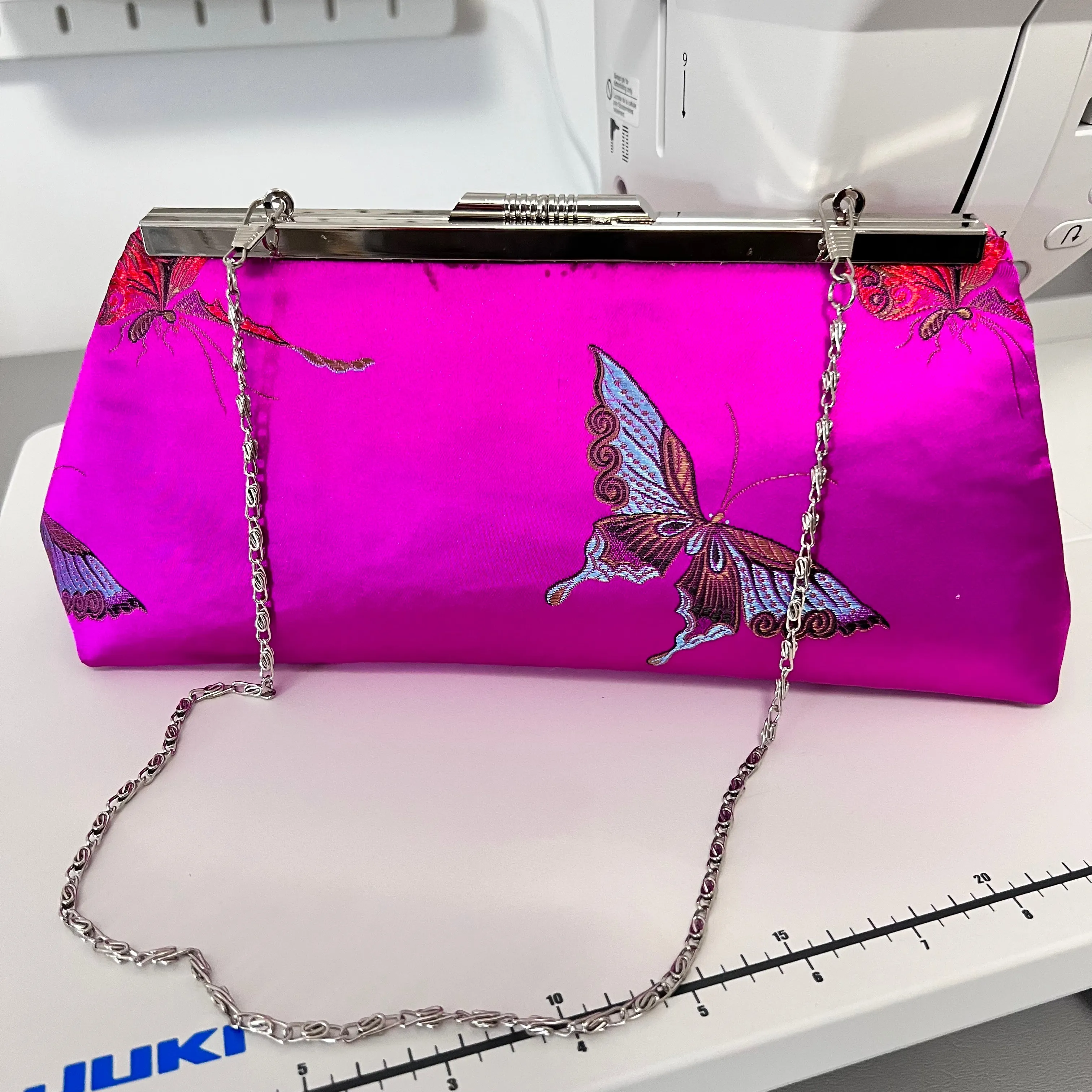 Silk clutch with silver frame and 24" chain - Butterfly