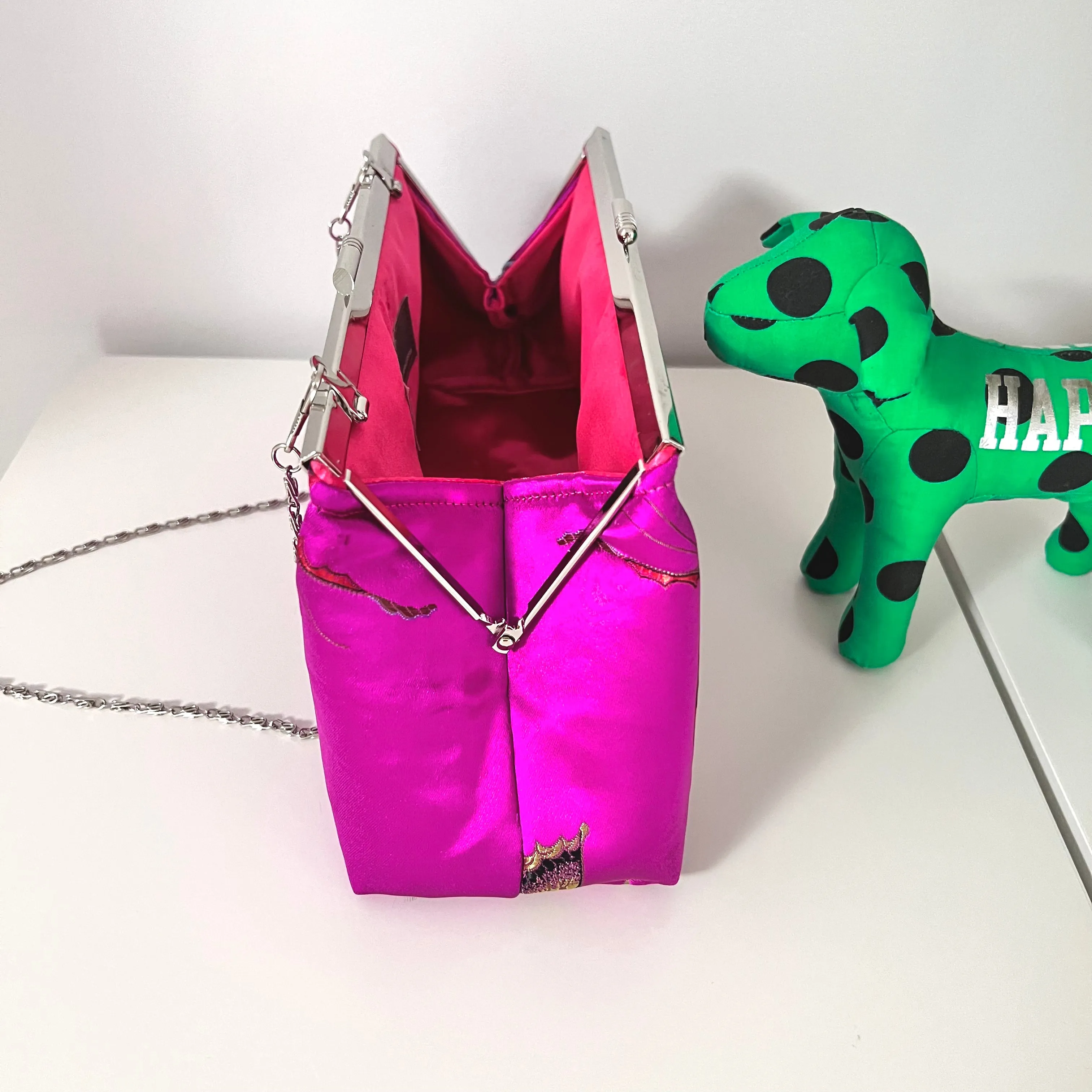 Silk clutch with silver frame and 24" chain - Butterfly