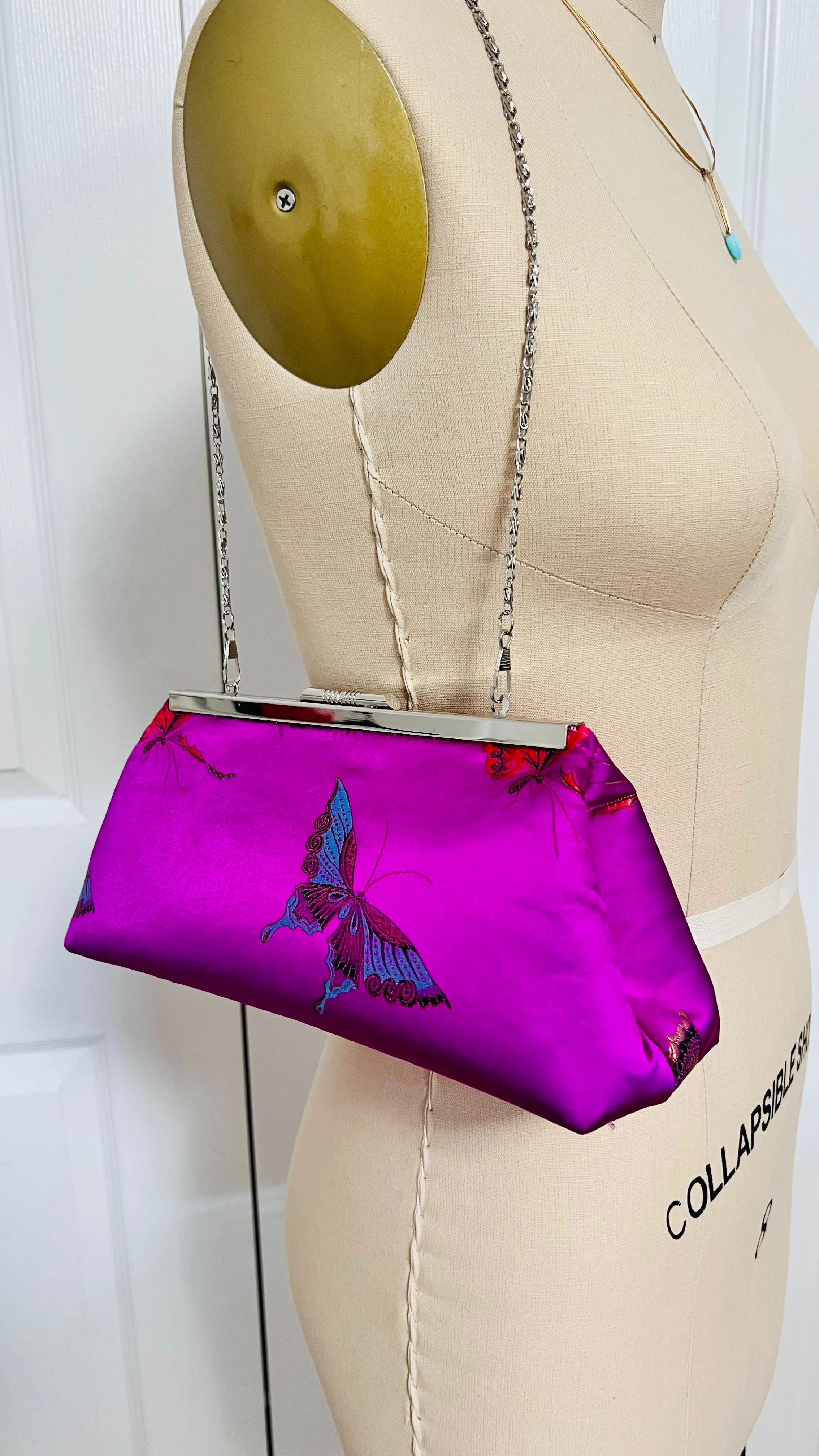 Silk clutch with silver frame and 24" chain - Butterfly