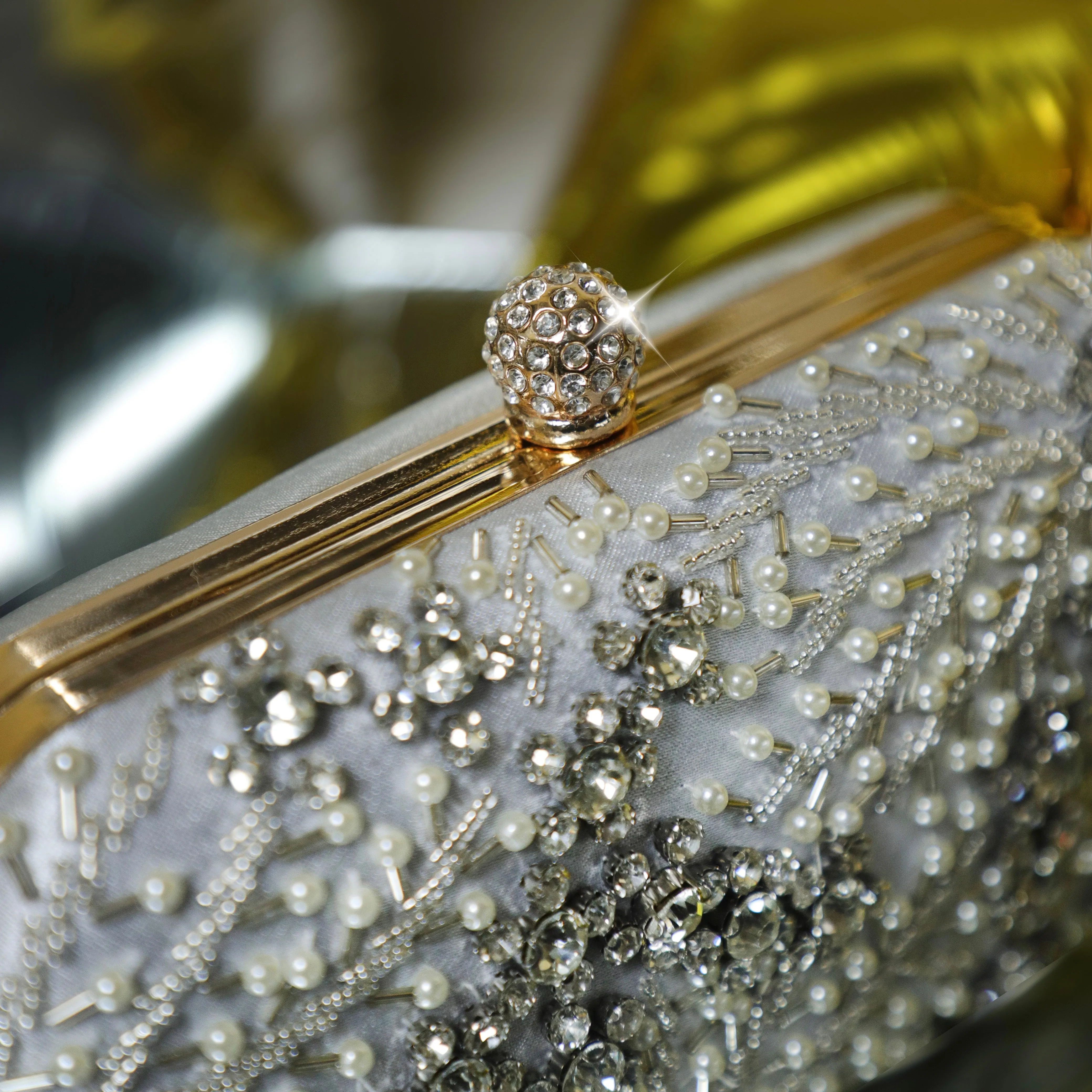 Silver Crystal Embroidered Clutch with Detachable Sling