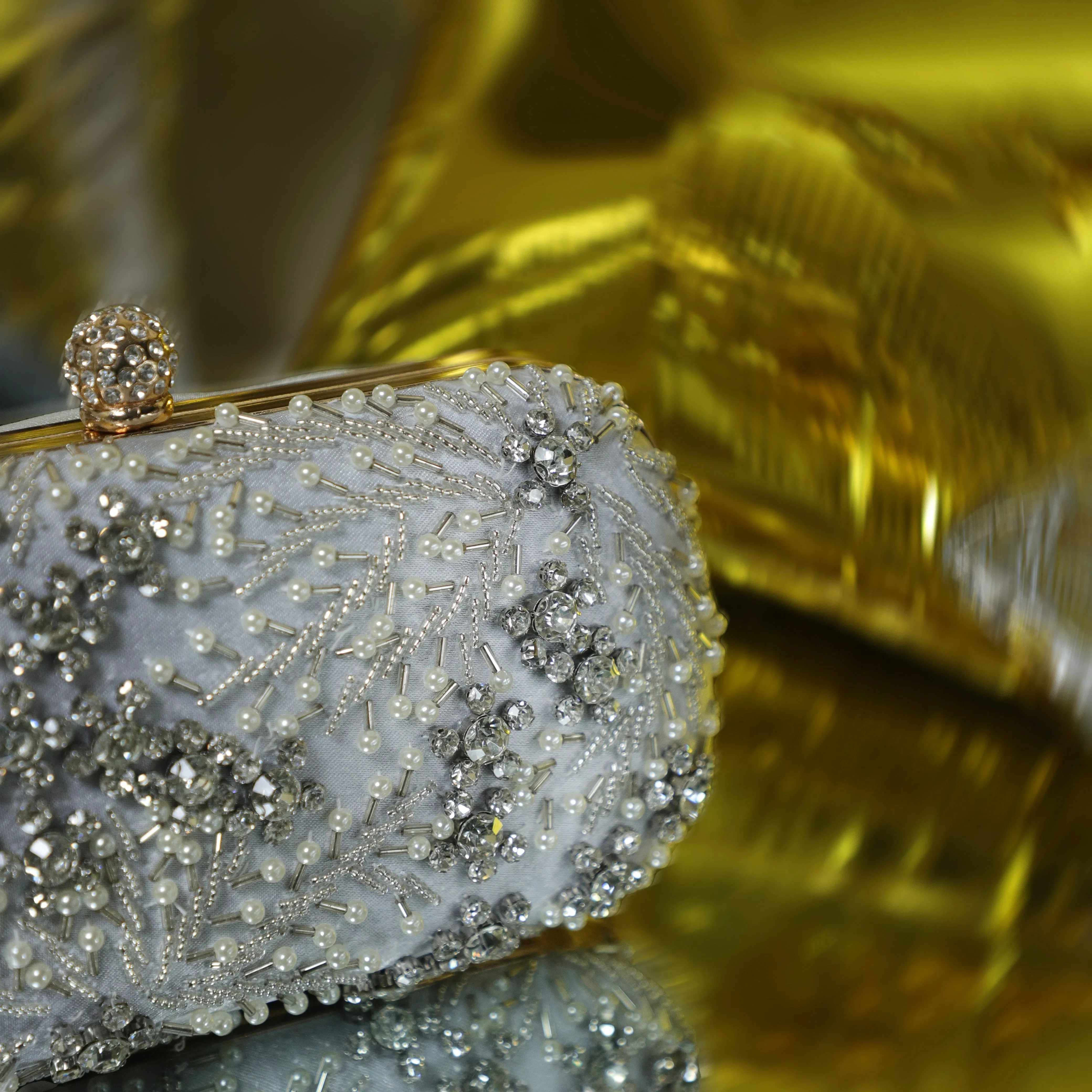 Silver Crystal Embroidered Clutch with Detachable Sling