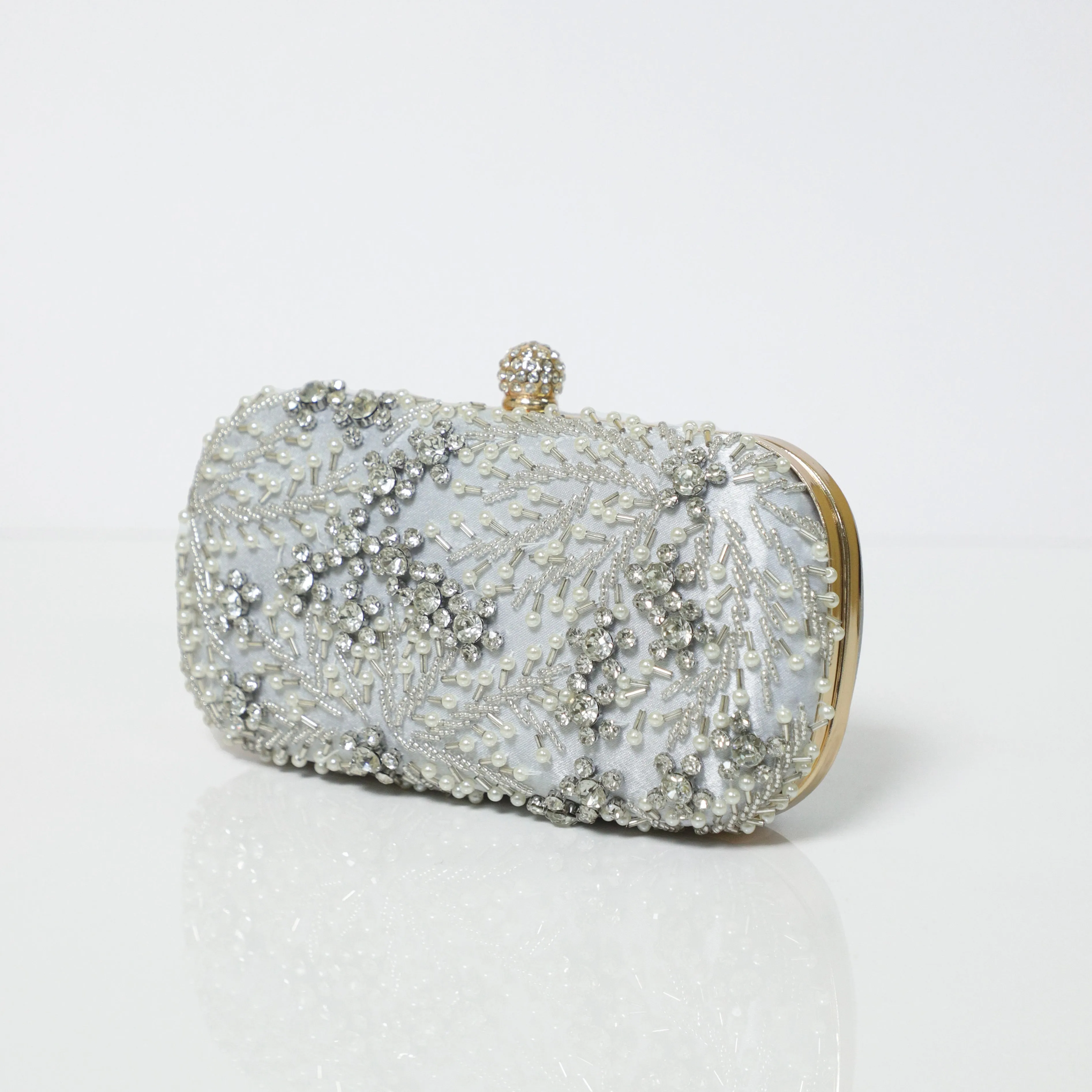 Silver Crystal Embroidered Clutch with Detachable Sling