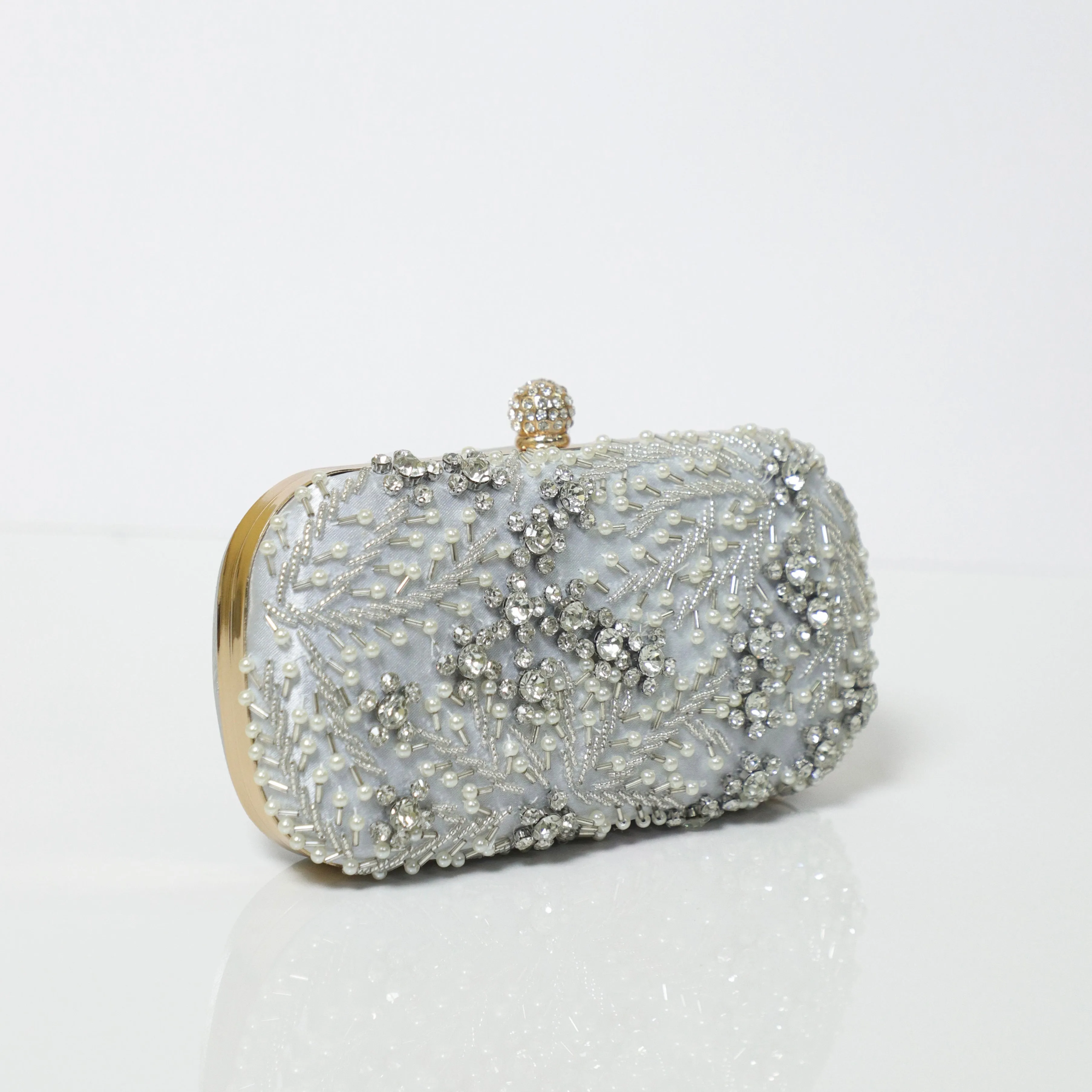 Silver Crystal Embroidered Clutch with Detachable Sling