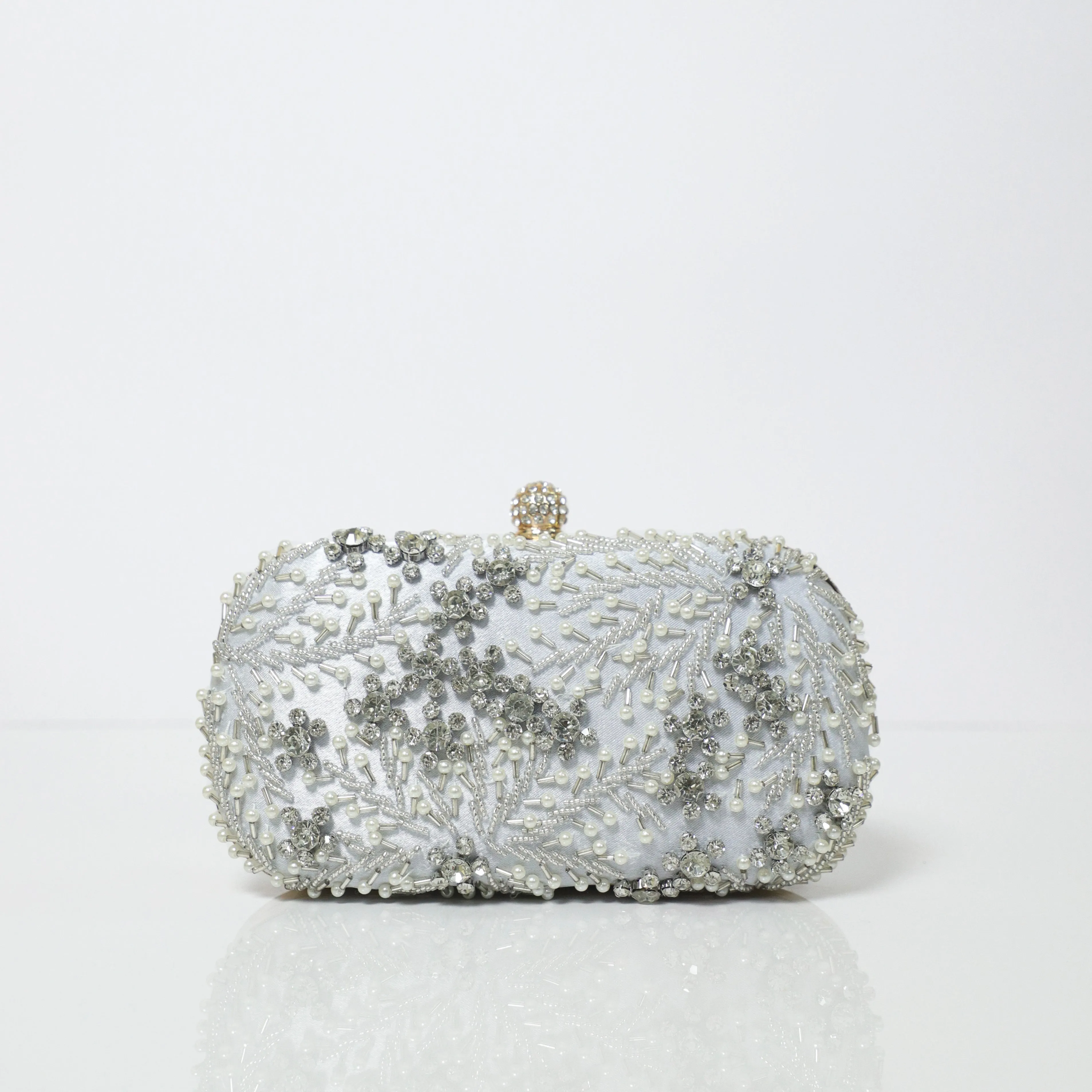 Silver Crystal Embroidered Clutch with Detachable Sling