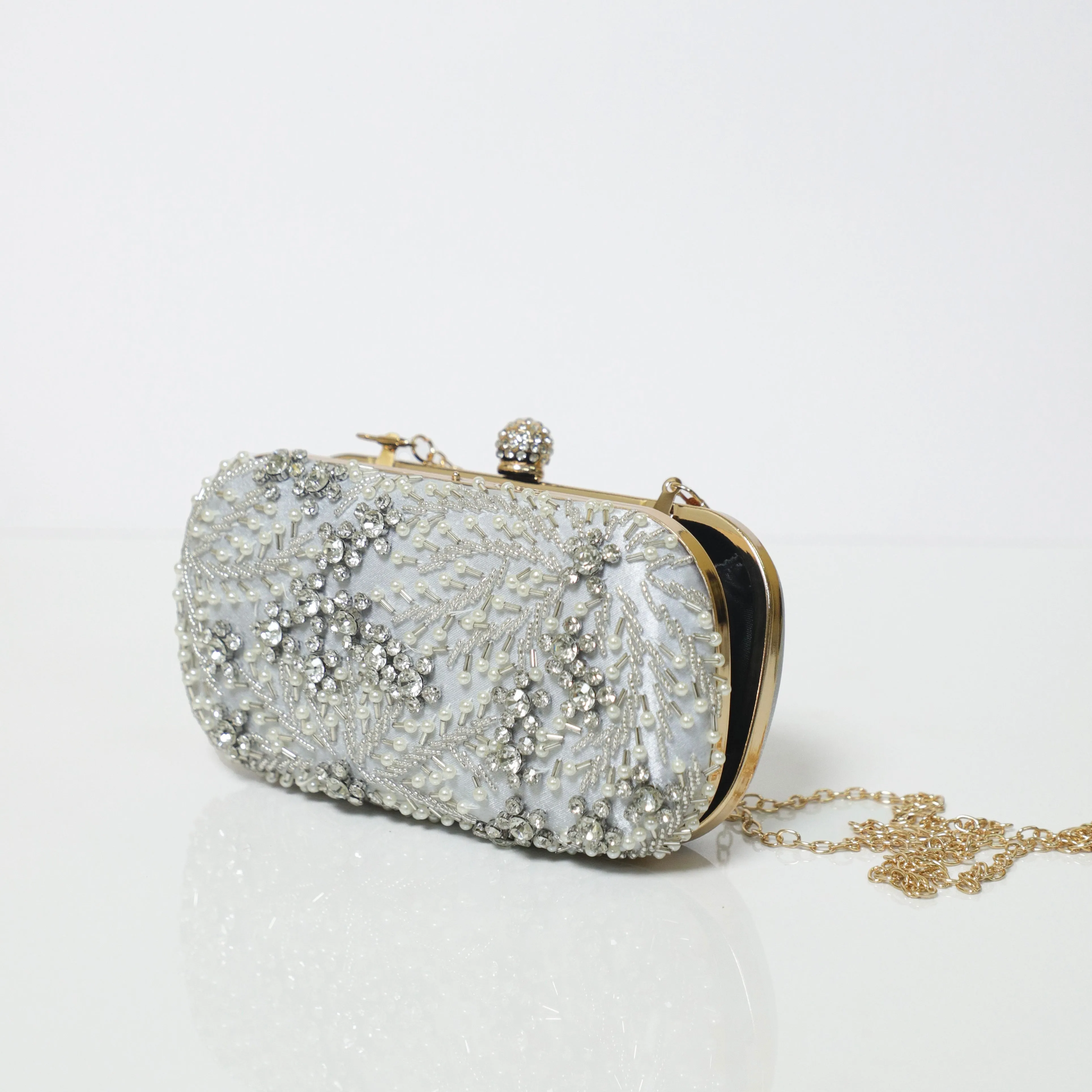 Silver Crystal Embroidered Clutch with Detachable Sling