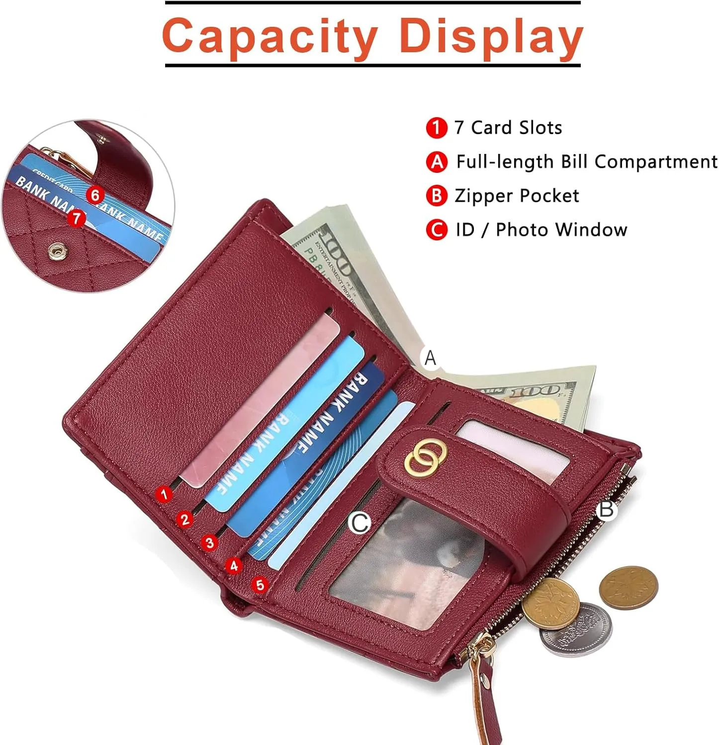 Small Wallet for Women Leather Card Holder Bifold Compact Wallets Purse With Zipper Coin Pocket