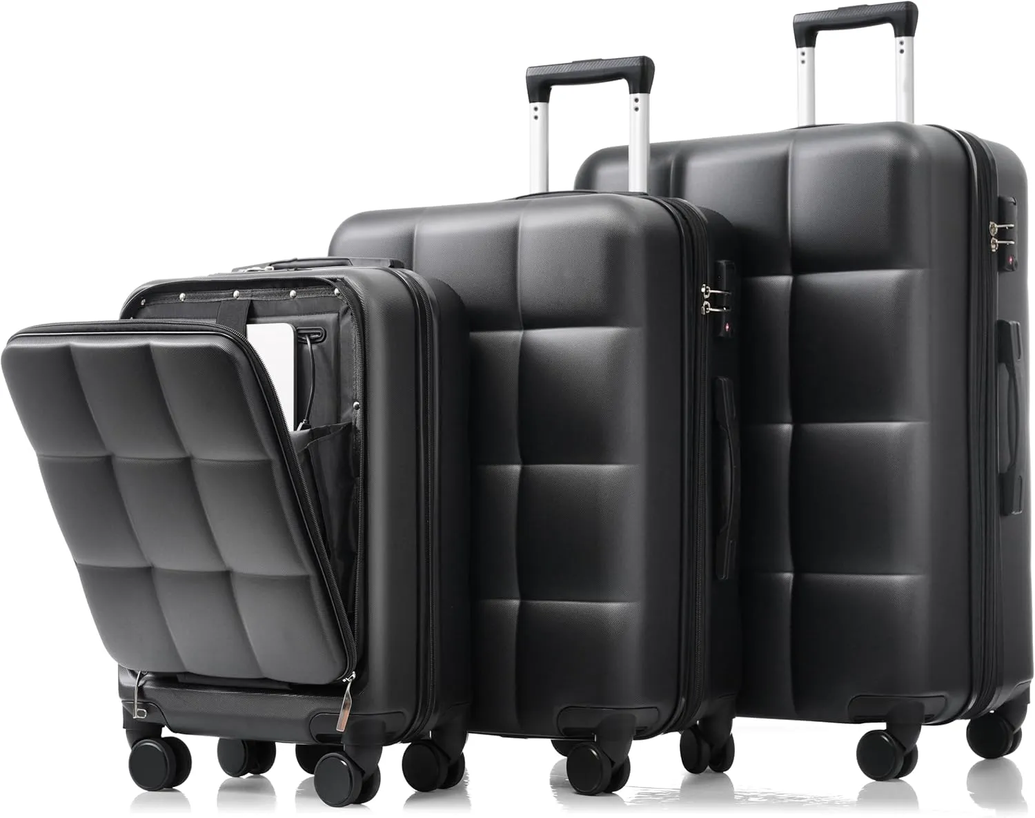 SVRCK Luggage Set 3 Piece with USB Port and Front-Opening Design, Durable ABS Hard Shell, Spinner Wheels, Integrated Cup Holder, Black and Brown
