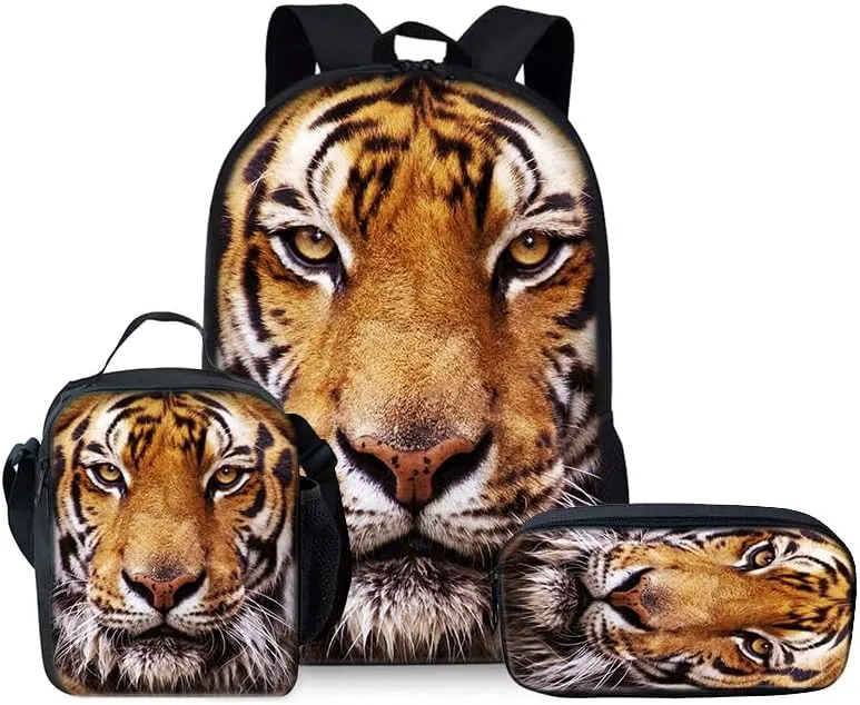 Tiger Backpack Youth Leisure School Bag Lunch Box Pencil and pencil Case 3-in-1 Set (Color 4)
