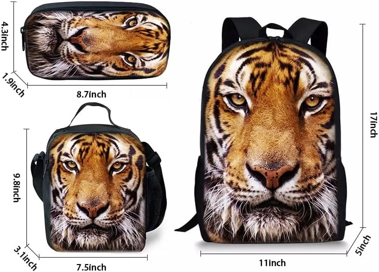 Tiger Backpack Youth Leisure School Bag Lunch Box Pencil and pencil Case 3-in-1 Set (Color 4)