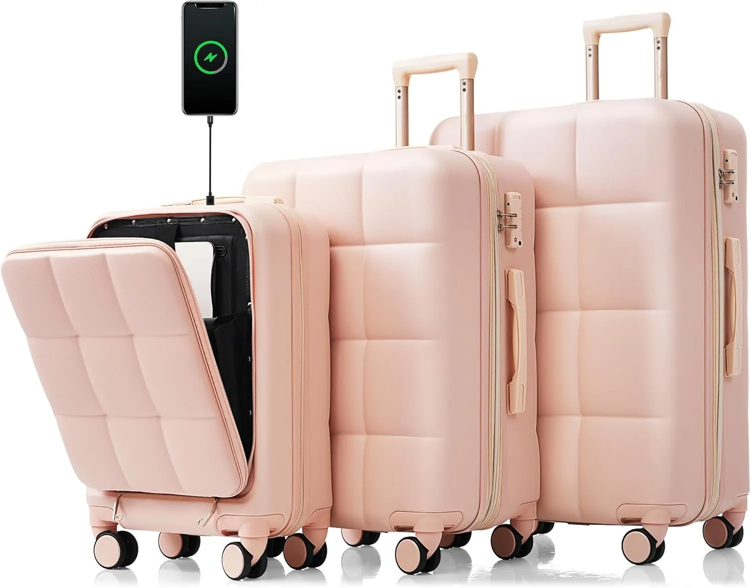 Travel Essential Luggage Set 3 Piece With USB Port & Cup Holder, 20-inch Suitcase with Front Opening, ABS Hard Shell Spinner Wheels, Pink
