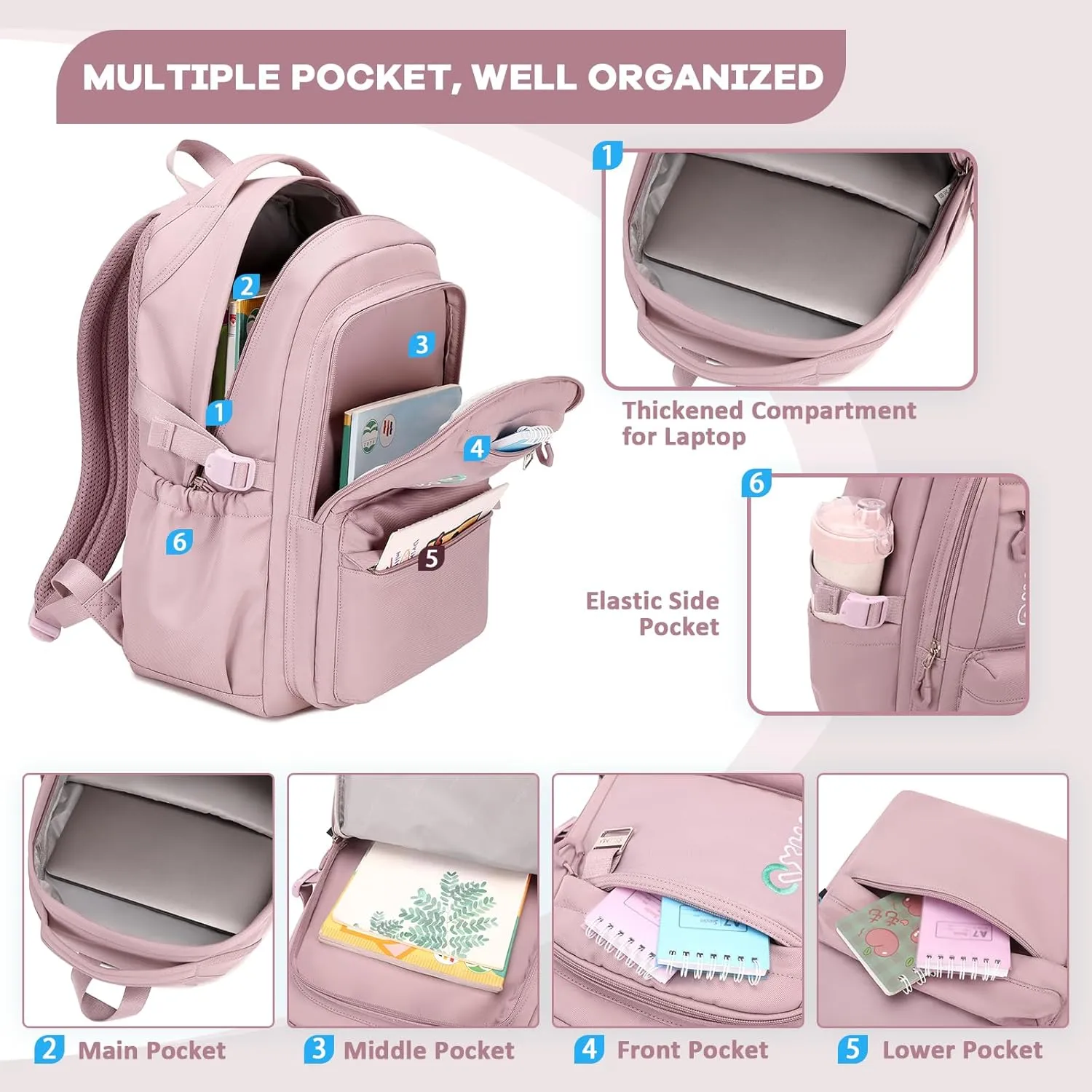 Trendy Casual Backpack with Solid Color, Water Resistence School backpack for Girls, Teen Bookbag for Women, Purple