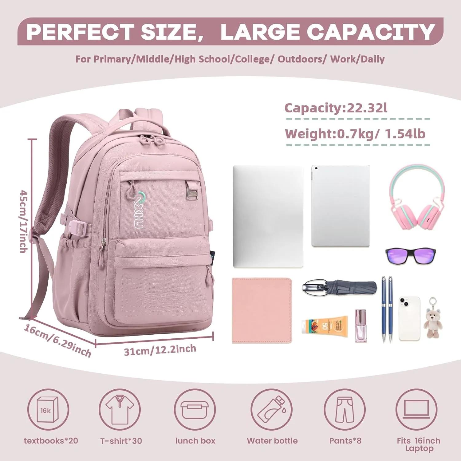 Trendy Casual Backpack with Solid Color, Water Resistence School backpack for Girls, Teen Bookbag for Women, Purple