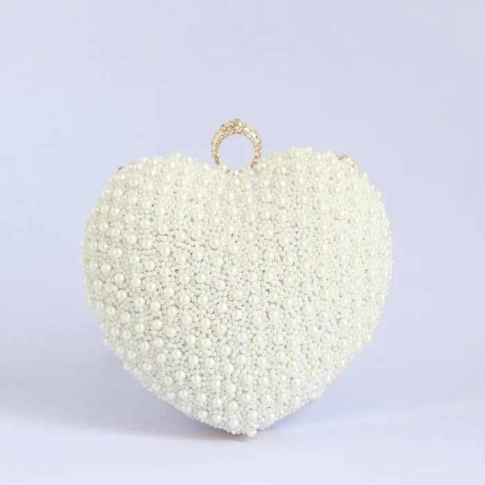 Ulfat All White Pearl Hand Embroidered Heart Clutch
