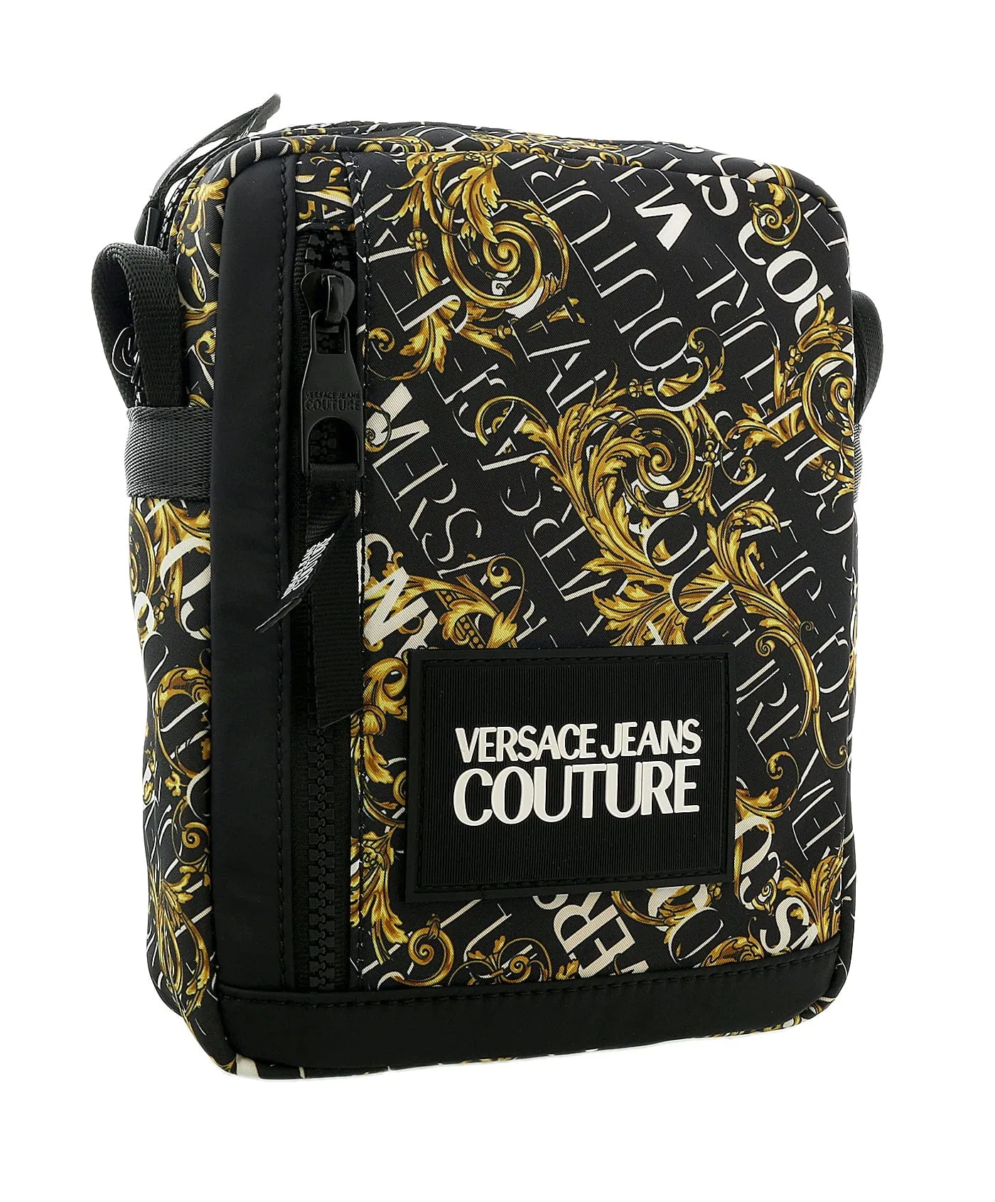 Versace Jeans Couture Black Gold Leather Baroque Brush Pattern Crossbody Bag