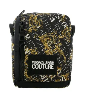 Versace Jeans Couture Black Gold Leather Baroque Brush Pattern Crossbody Bag