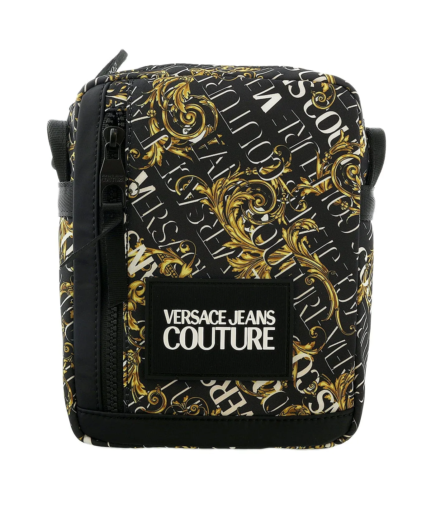 Versace Jeans Couture Black Gold Leather Baroque Brush Pattern Crossbody Bag