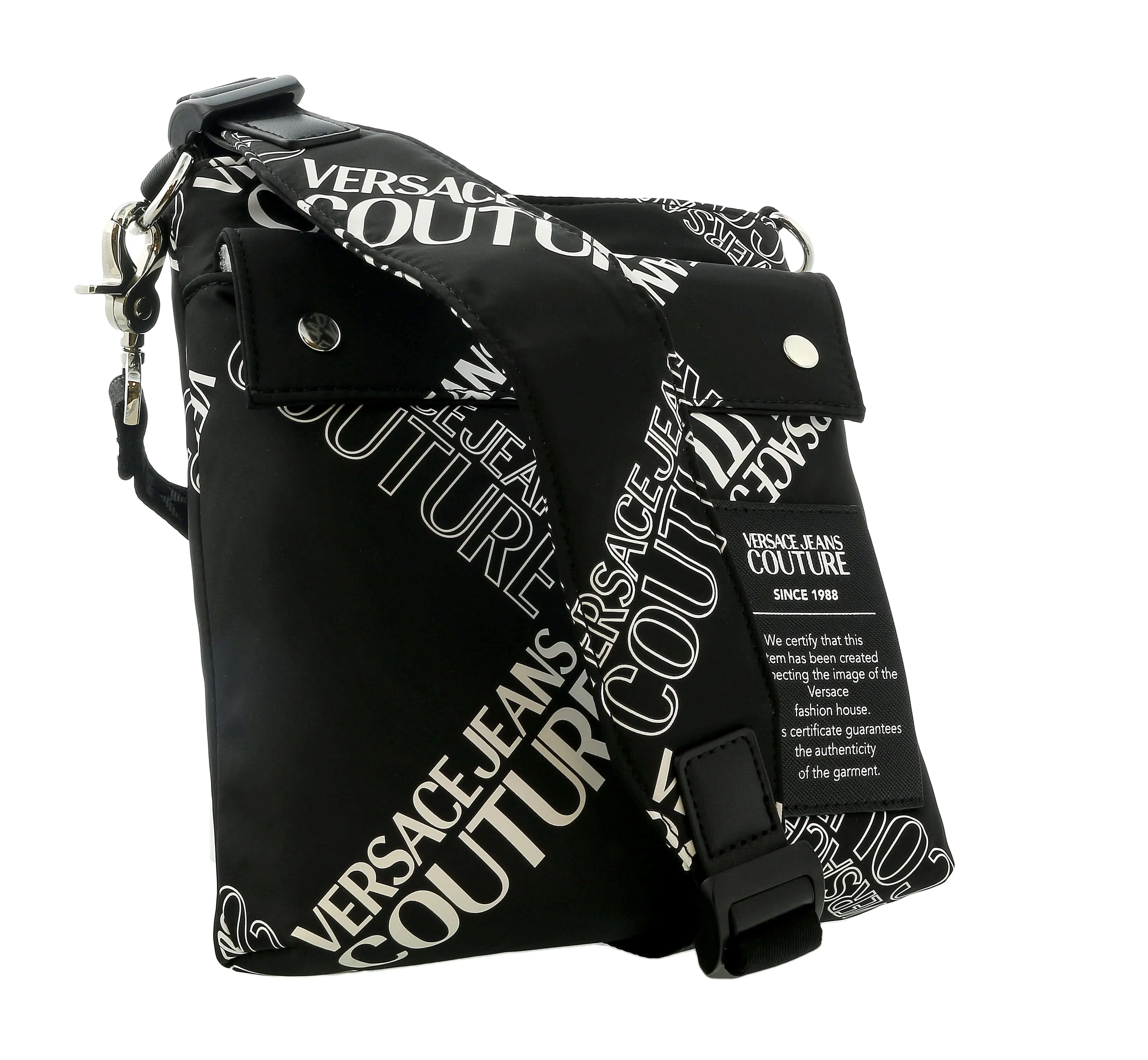 Versace Jeans Couture Black White Leather Signature Logo Crossbody Bag