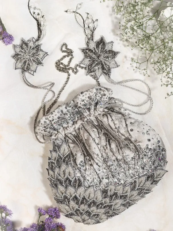 Warq Silver Applique Work Art Raw Silk Potli Bag