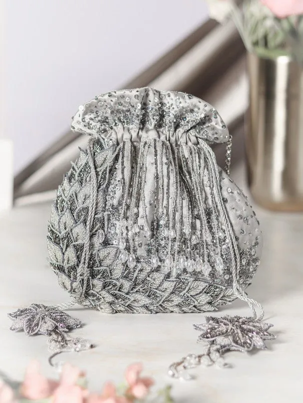 Warq Silver Applique Work Art Raw Silk Potli Bag