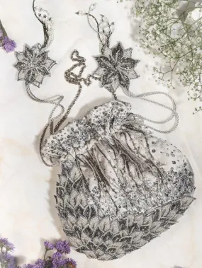 Warq Silver Applique Work Art Raw Silk Potli Bag
