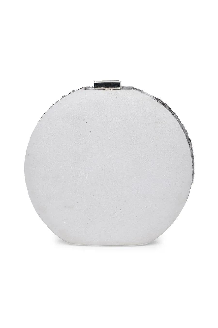 White & Grey Embroidered Round Clutch