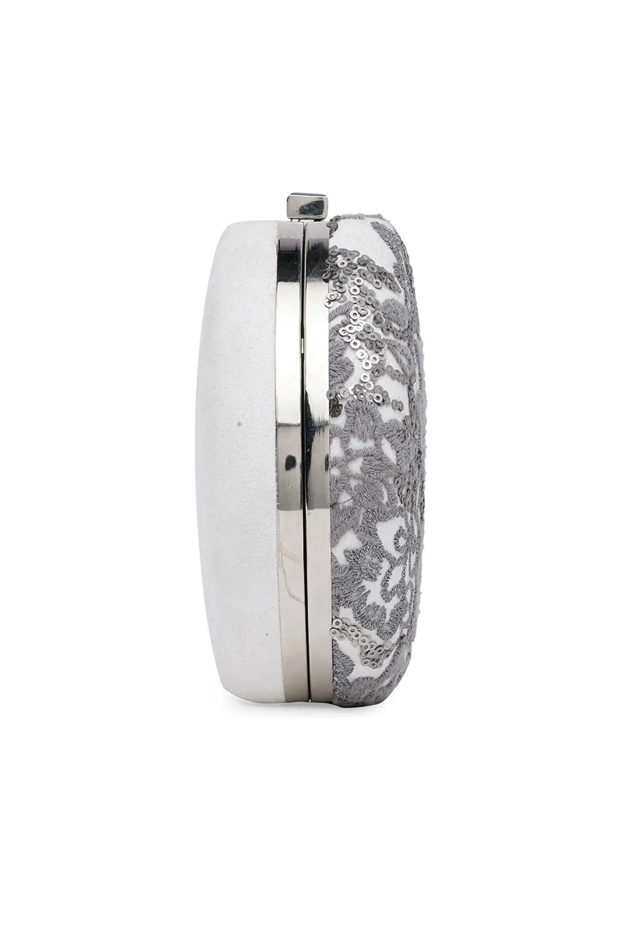 White & Grey Embroidered Round Clutch