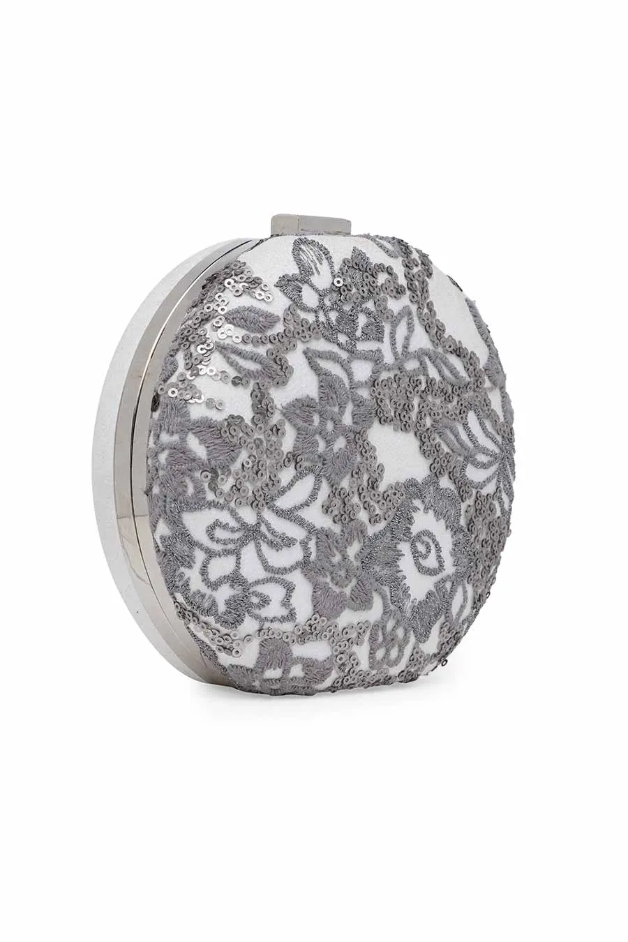 White & Grey Embroidered Round Clutch