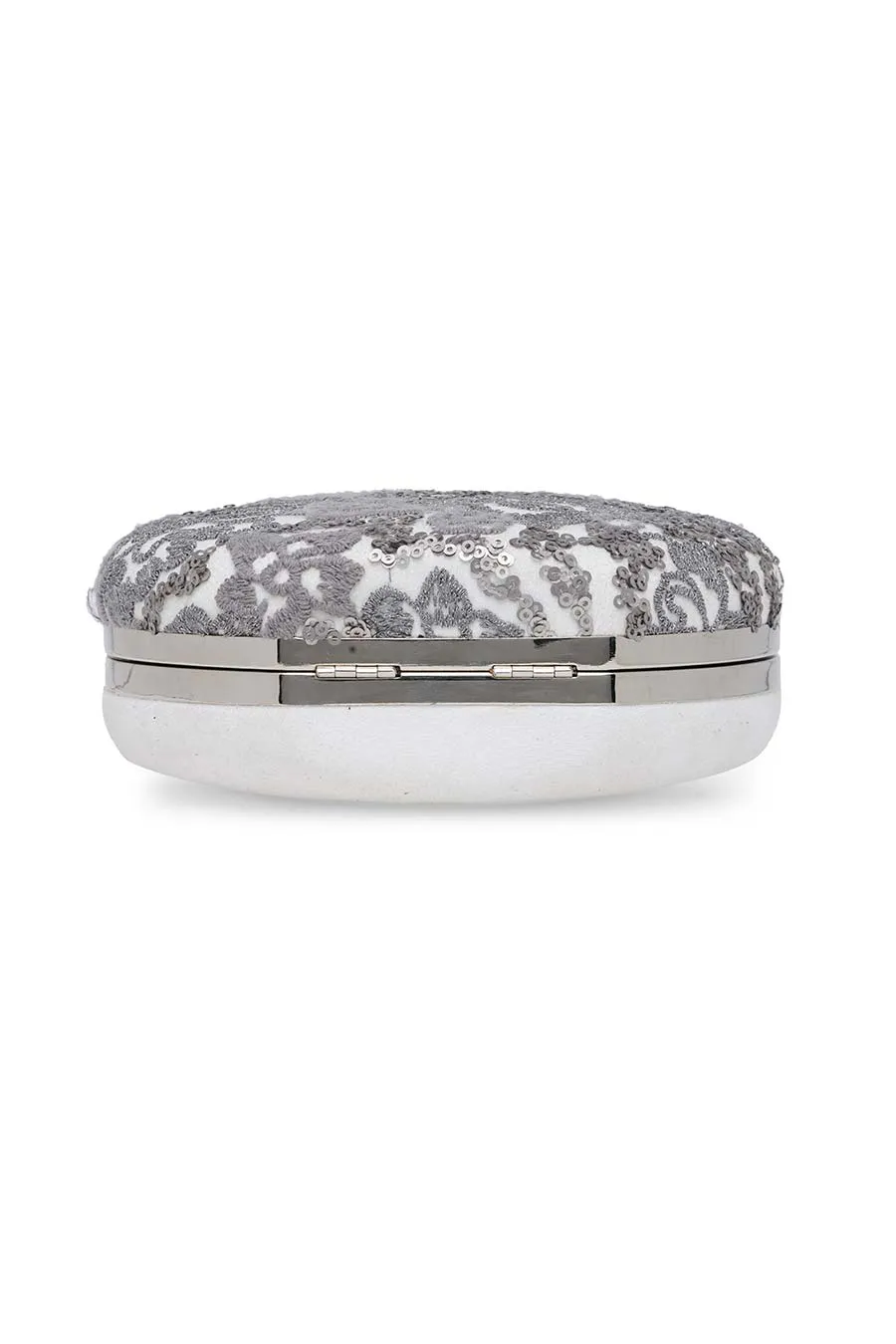 White & Grey Embroidered Round Clutch