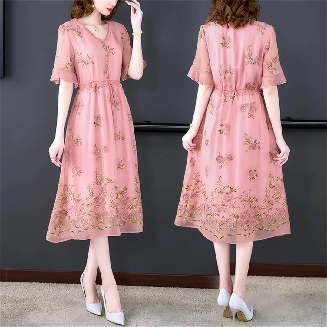 Women Fashion Embroidery Floral Silk Midi Dress Summer Elegant Party Vestidos Korean Bodycon Evening Dress