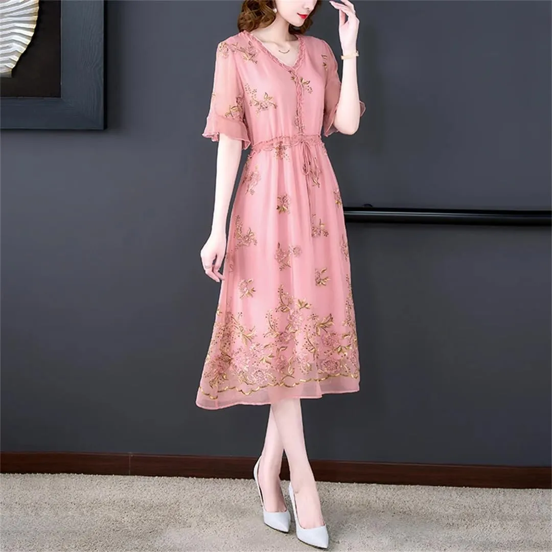 Women Fashion Embroidery Floral Silk Midi Dress Summer Elegant Party Vestidos Korean Bodycon Evening Dress
