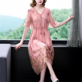 Women Fashion Embroidery Floral Silk Midi Dress Summer Elegant Party Vestidos Korean Bodycon Evening Dress
