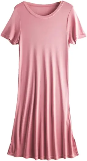 Women Knitted Silk Dress Solid Color Medium Long Silk Short Sleeve Round Neck Bottomed Skirt
