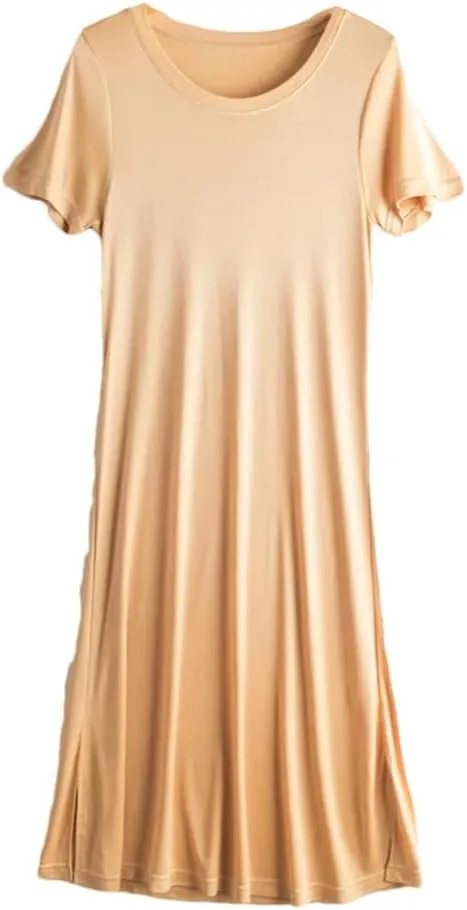 Women Knitted Silk Dress Solid Color Medium Long Silk Short Sleeve Round Neck Bottomed Skirt