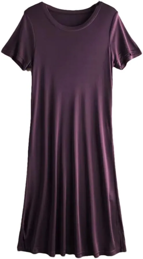 Women Knitted Silk Dress Solid Color Medium Long Silk Short Sleeve Round Neck Bottomed Skirt