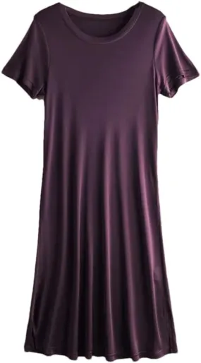 Women Knitted Silk Dress Solid Color Medium Long Silk Short Sleeve Round Neck Bottomed Skirt
