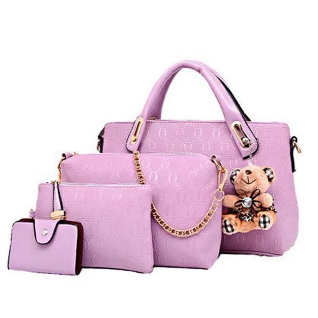 Women Set of Four Faux-Leather Handbags Tote Messenger Wallet wristlet Sling Bag