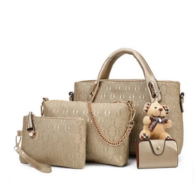 Women Set of Four Faux-Leather Handbags Tote Messenger Wallet wristlet Sling Bag