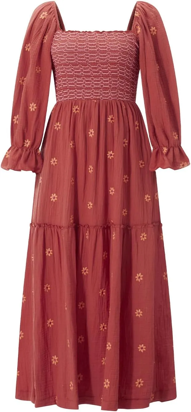 Women's Floral Embroidered Maxi Dress Square Neck Boho Flowy Dress Puff Sleeve Smocked Flowy A-line Dress